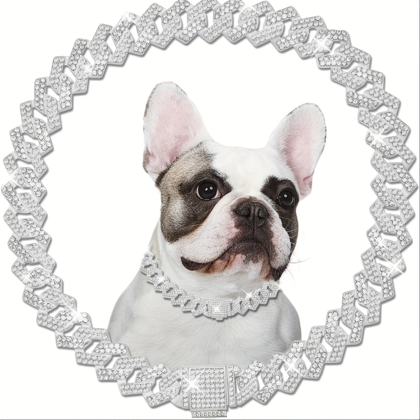 Adjustable Cuban Chain Crystal Pet Collar for Small\u002FMedium Dogs & Cats - 15mm Wide Heavy-Duty Metal Lock