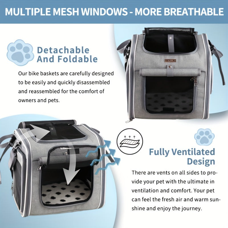 Expandable Soft-Sided Pet Basket for Small Dogs & Cats - Backpack & Carrier with 4-Mesh Window System