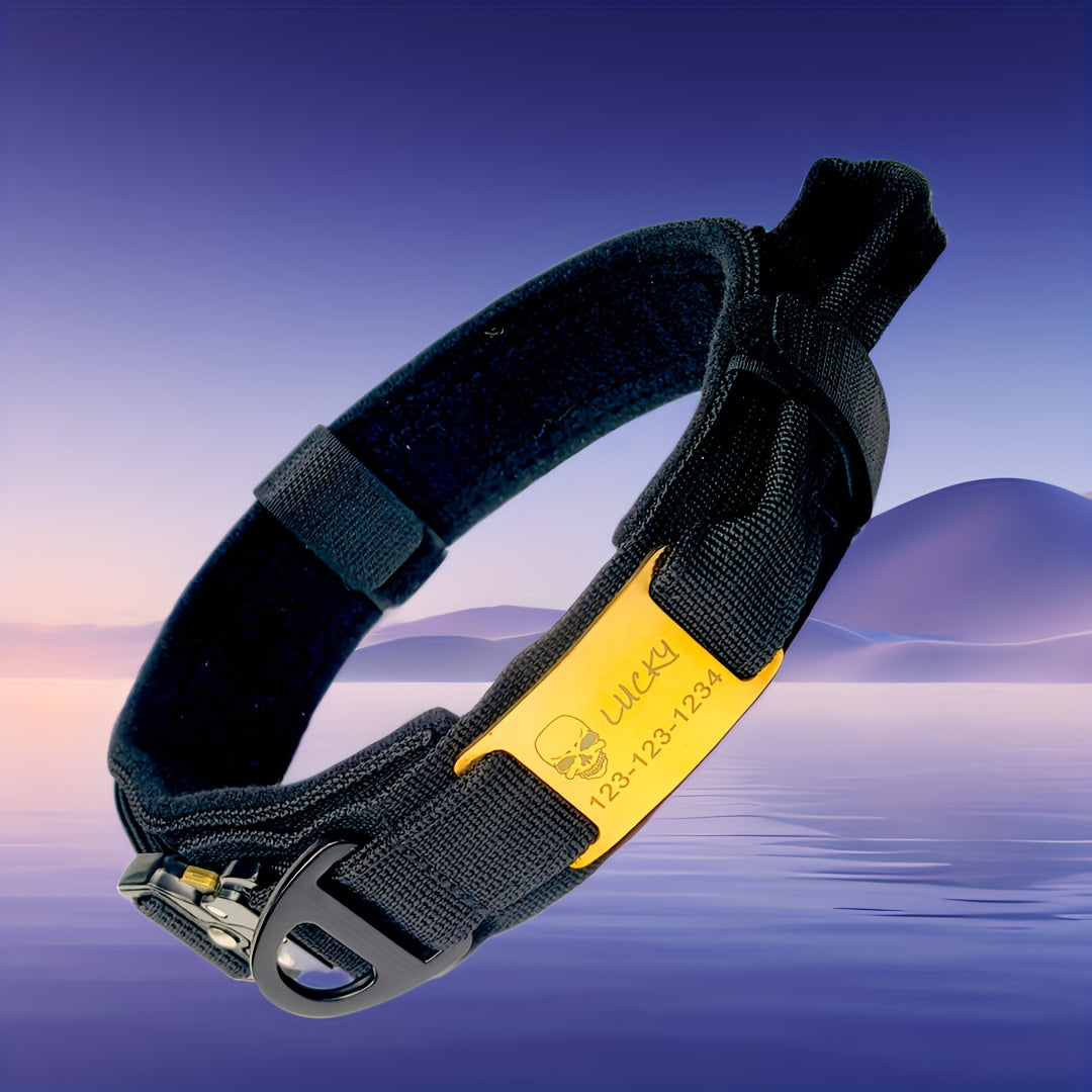 Personalized Name ID brand Tactical Dog Collar AdjustableTraining Nylon Dog Collar with Control Handle and Heavy Metal Buckle Green