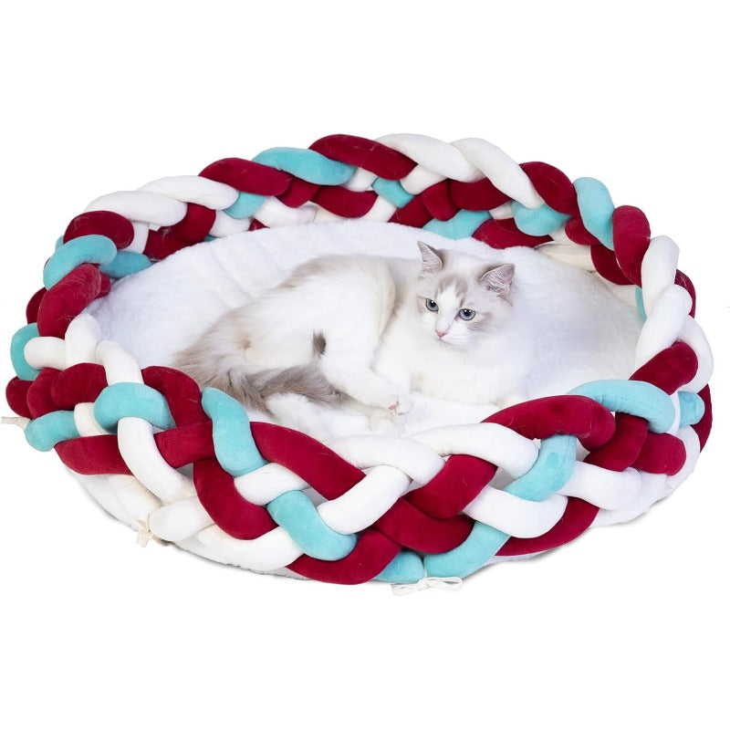 Maihandasi Boho Round Knitted for cat Basket Bed - Soft Woven Pet Bed with Plush Cushion, Cozy Warm Nest for Cats