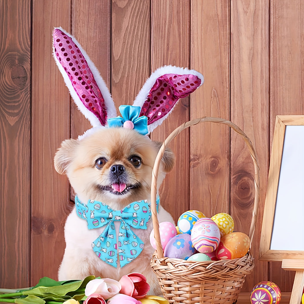 Adjustable Blue Bowtie Easter Dog Collar - Cute Bunny Egg Design, Comfortable & Durable Polyester Material