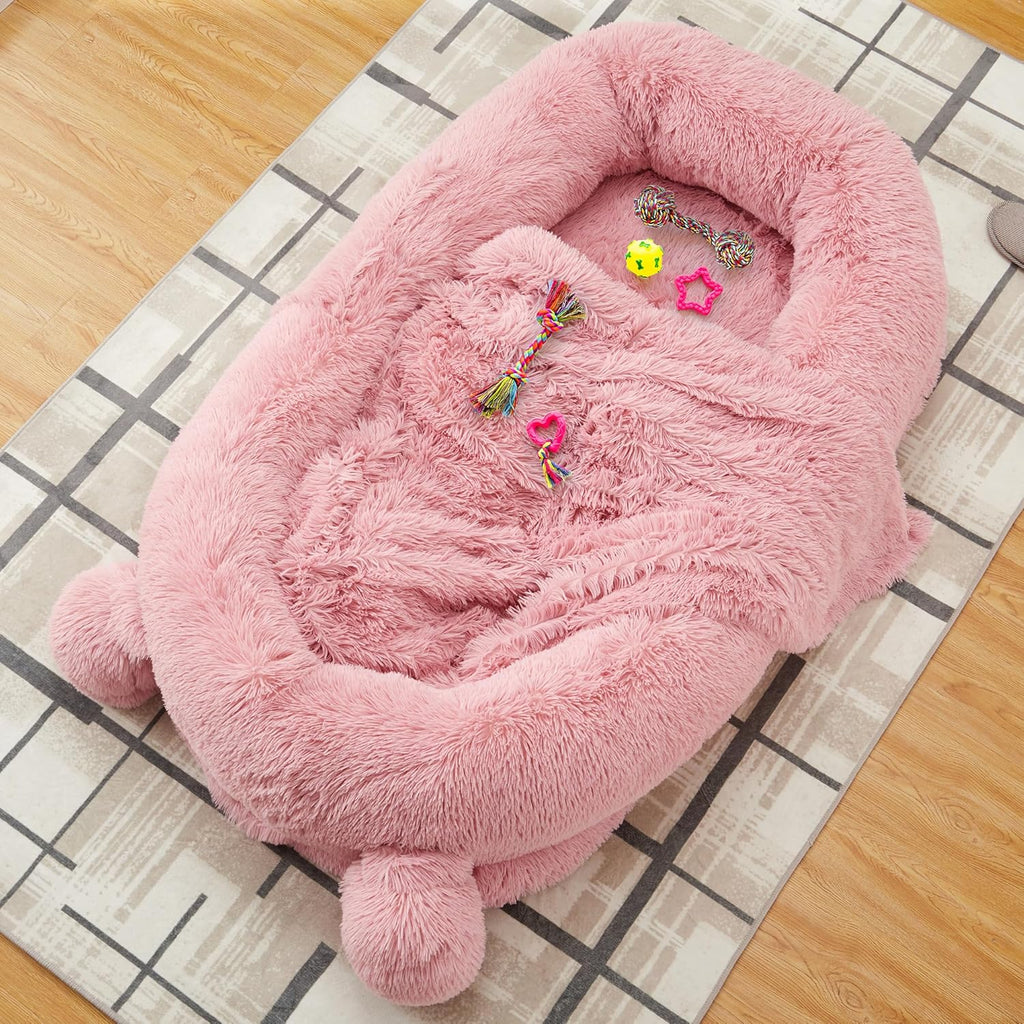 Human Grade Large Dog Bed For Adults, 75x45 Inch Washable Dog Mattress With Removable Faux  Cover & Blanket