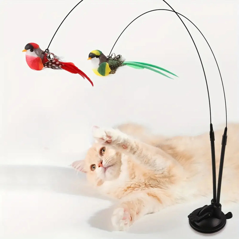 Interactive Cat Bird Toy Wand Set with Realistic Flying Motion, Long Double-Head Pole & Suction Cup