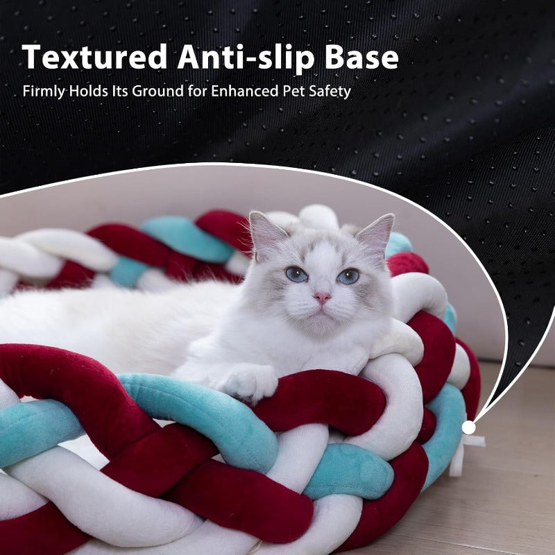 Maihandasi Boho Round Knitted for cat Basket Bed - Soft Woven Pet Bed with Plush Cushion, Cozy Warm Nest for Cats