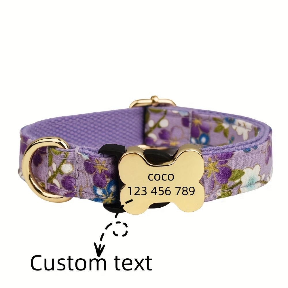 Customizable Dog Collar with Laser Engraving - Adjustable Bone Buckle Pet ID Tag, Floral & Text Print Patterns