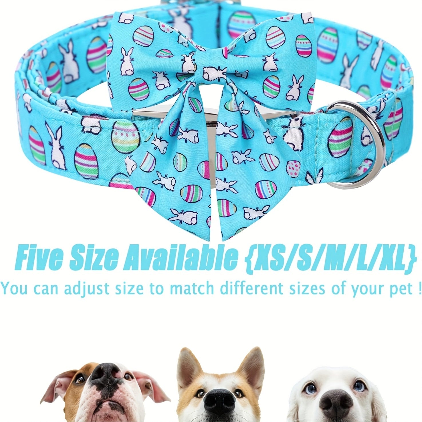 Adjustable Blue Bowtie Easter Dog Collar - Cute Bunny Egg Design, Comfortable & Durable Polyester Material