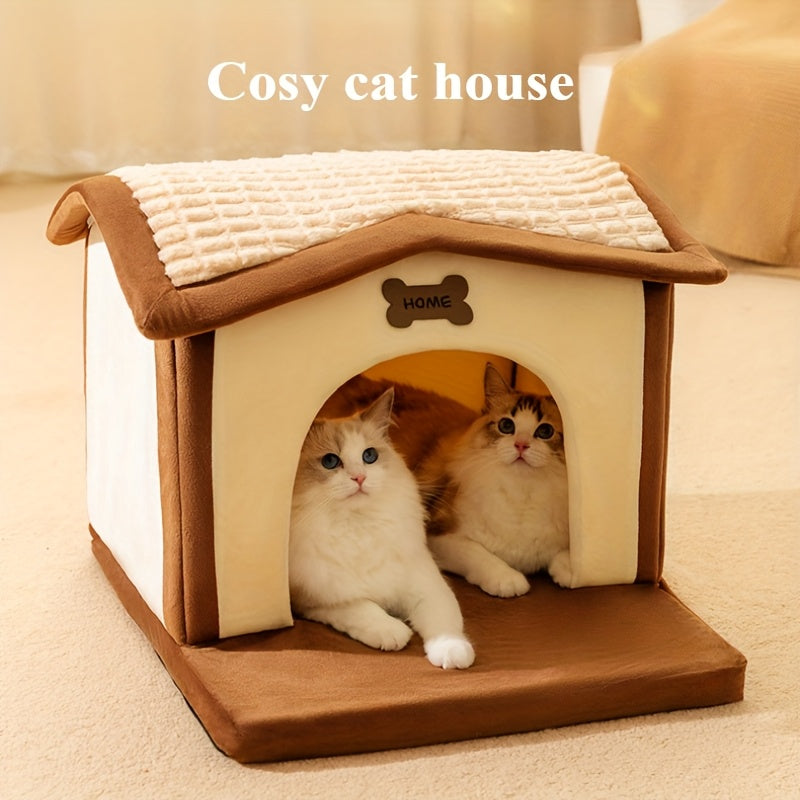 Cozy Cat House in White & Brown - All-Season PP Pet Cabin with Tile Roof, Non-Electric