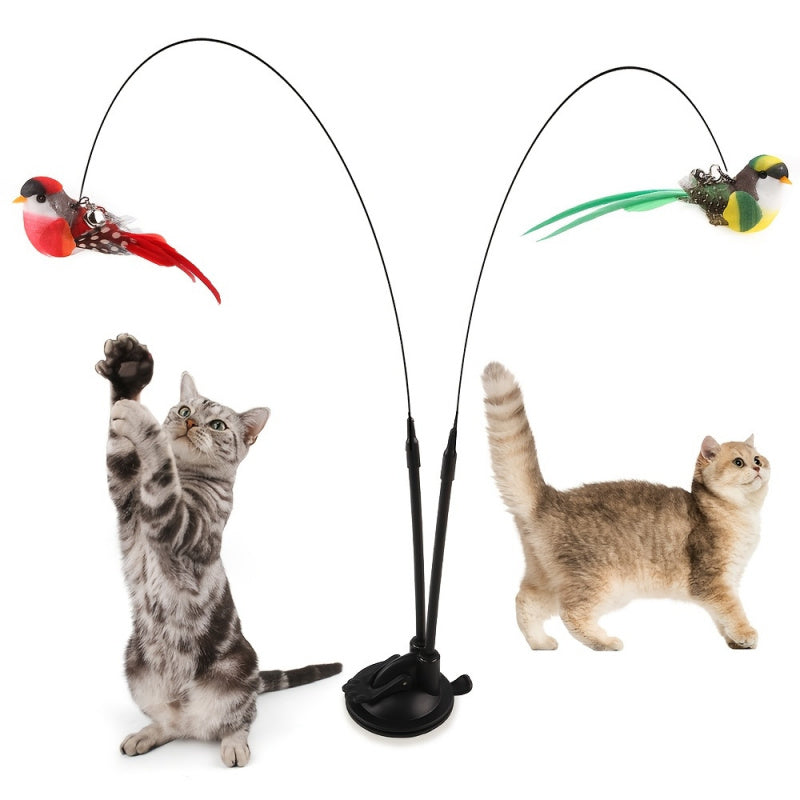 Interactive Cat Bird Toy Wand Set with Realistic Flying Motion, Long Double-Head Pole & Suction Cup