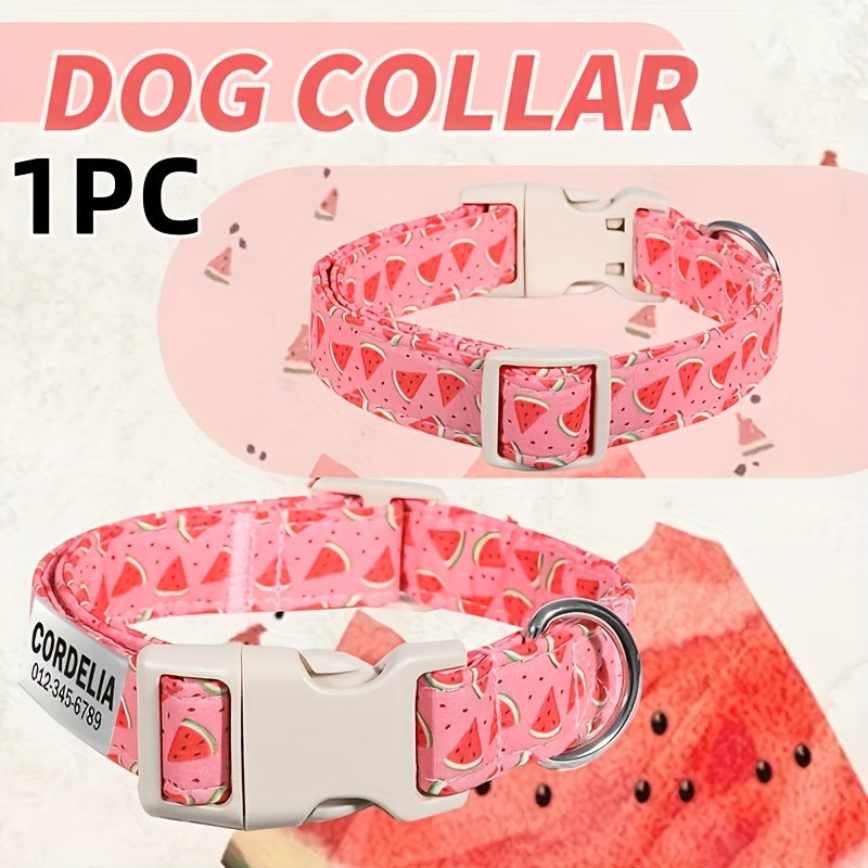 1pc Personalized Cute Watermelon Pattern Adjustable Dog Collar with Custom ID Name and Contact Information