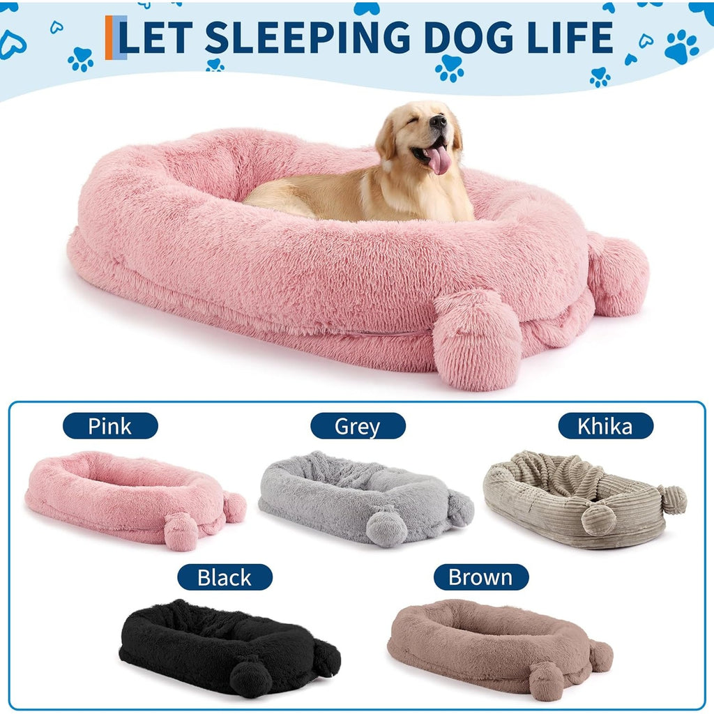 Human Grade Large Dog Bed For Adults, 75x45 Inch Washable Dog Mattress With Removable Faux  Cover & Blanket