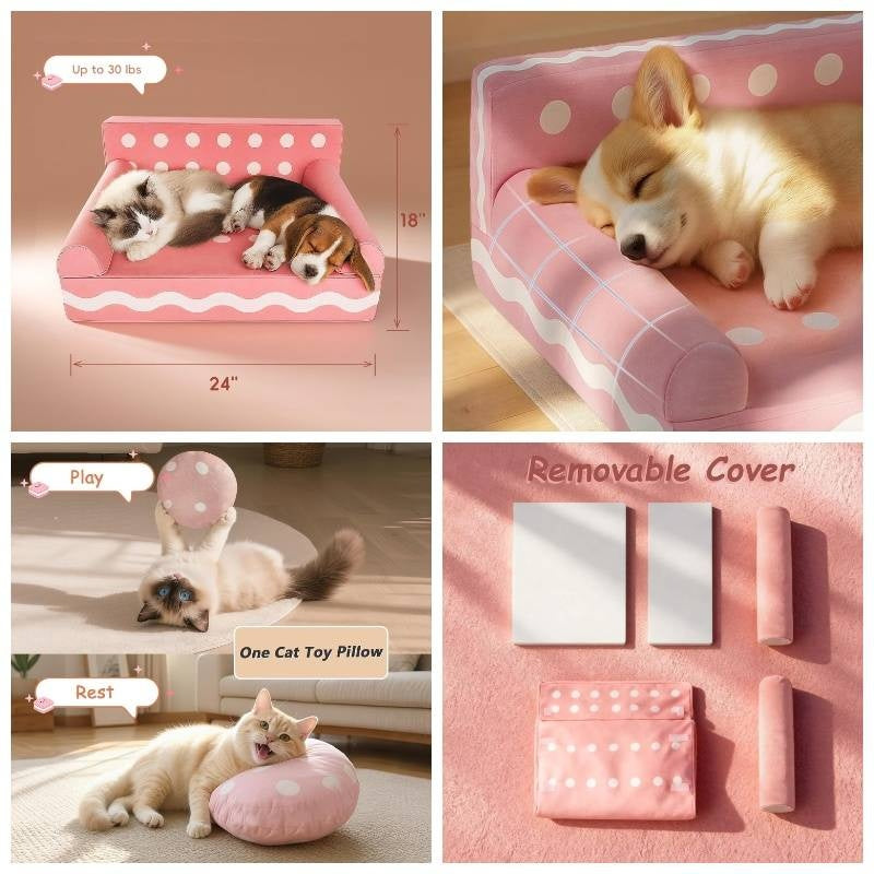 24 Inch Cookie-Shaped Dog Sofa Bed with Removable Cover - Soft Supportive Kitten & Puppy Couch