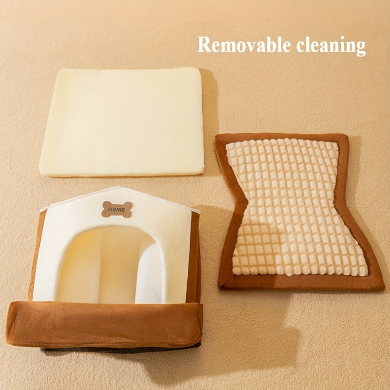 Cozy Cat House in White & Brown - All-Season PP Pet Cabin with Tile Roof, Non-Electric