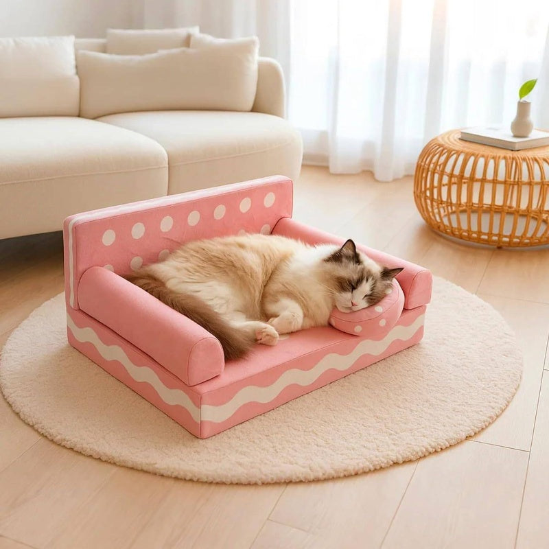 24 Inch Cookie-Shaped Dog Sofa Bed with Removable Cover - Soft Supportive Kitten & Puppy Couch