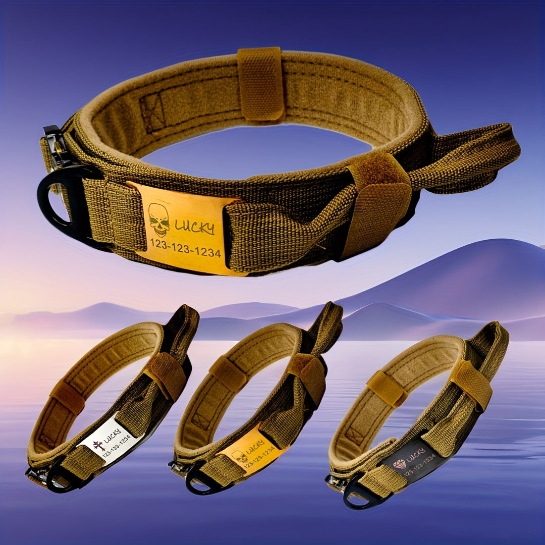 Personalized Name ID brand Tactical Dog Collar AdjustableTraining Nylon Dog Collar with Control Handle and Heavy Metal Buckle Green