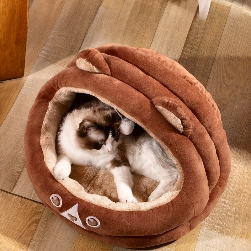 Cozy Mongolian Yurt-Style Cat House - All-Season Warmth, Cute Cartoon Design, Semi-Enclosed Pet Bed for Cats & Small Dogs
