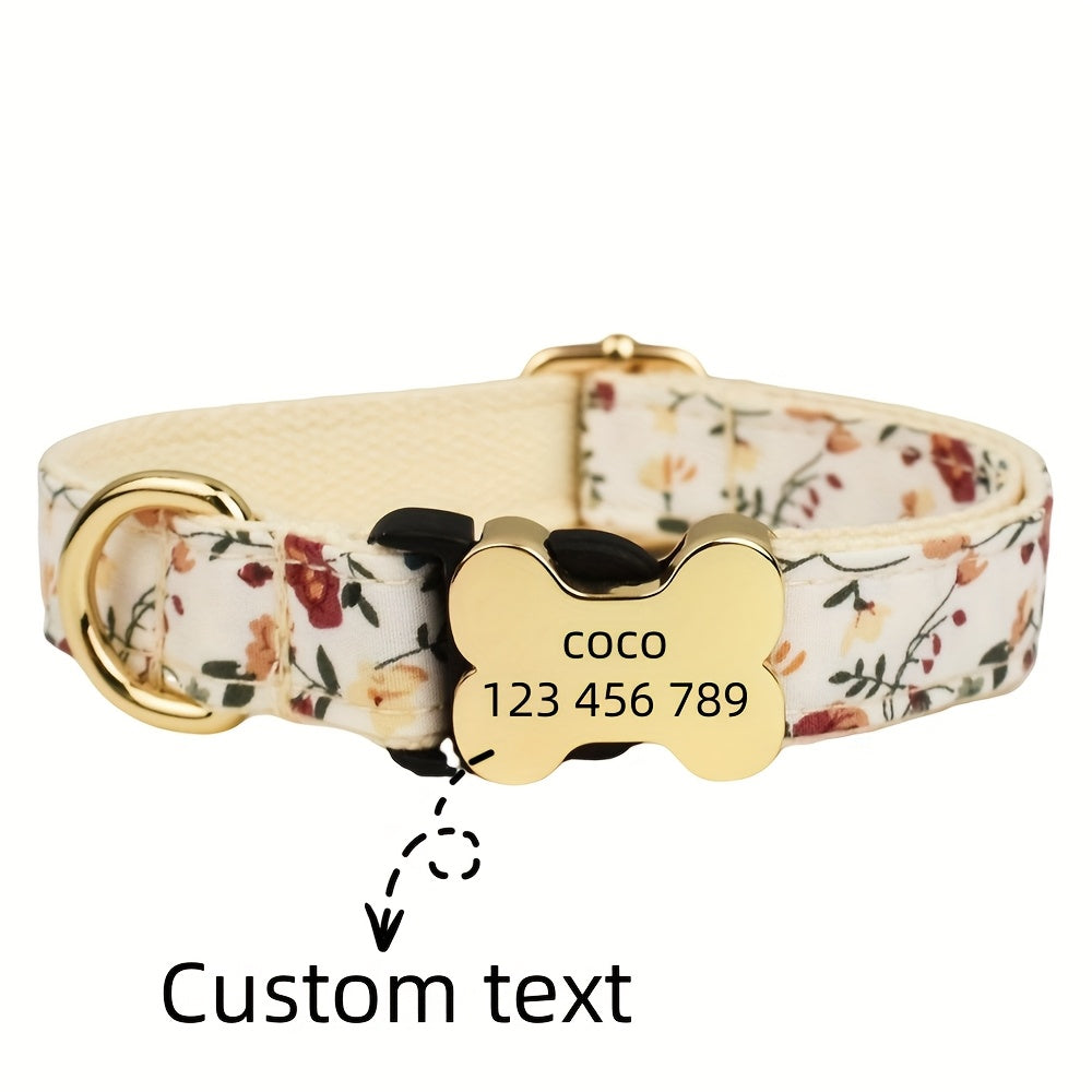 Customizable Dog Collar with Laser Engraving - Adjustable Bone Buckle Pet ID Tag, Floral & Text Print Patterns