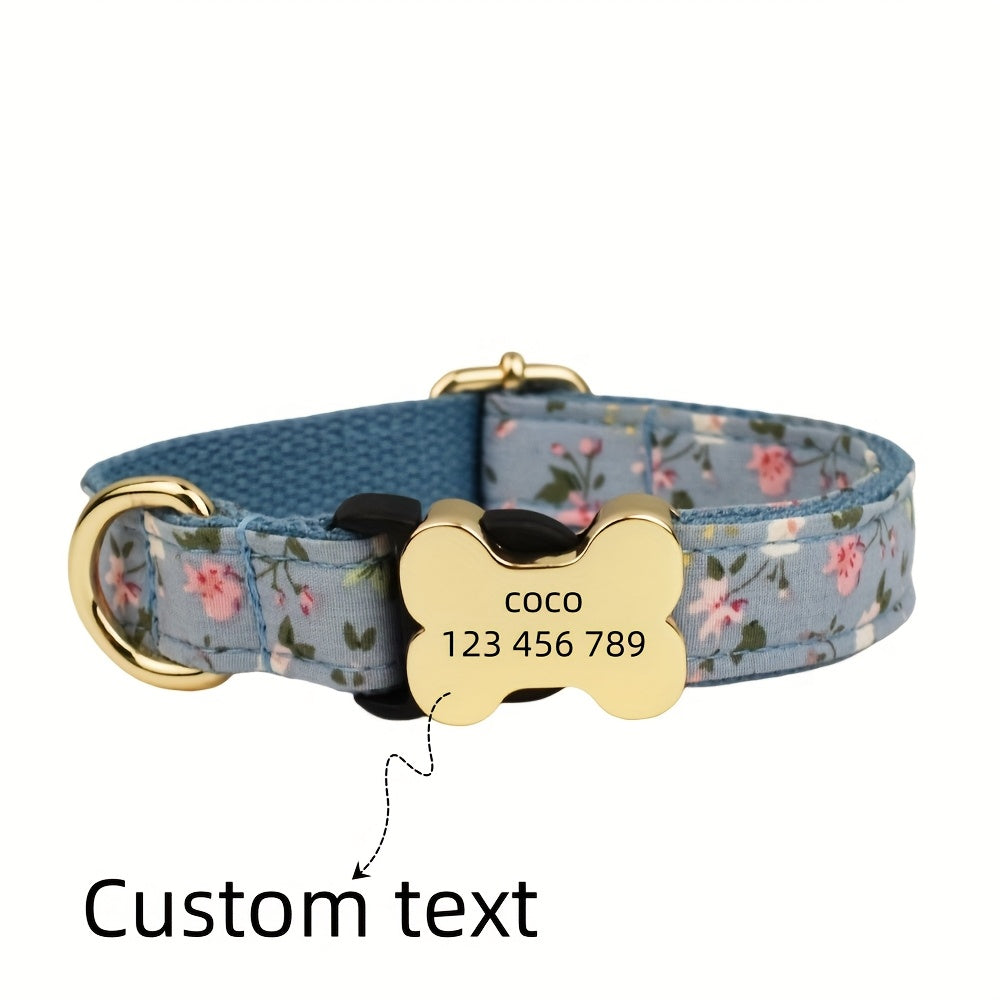 Customizable Dog Collar with Laser Engraving - Adjustable Bone Buckle Pet ID Tag, Floral & Text Print Patterns
