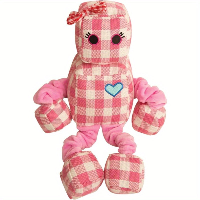Rosie The Robot Plush Dog Toy with Repair Patch - Durable Gingham Linen Bungee Arms & Legs