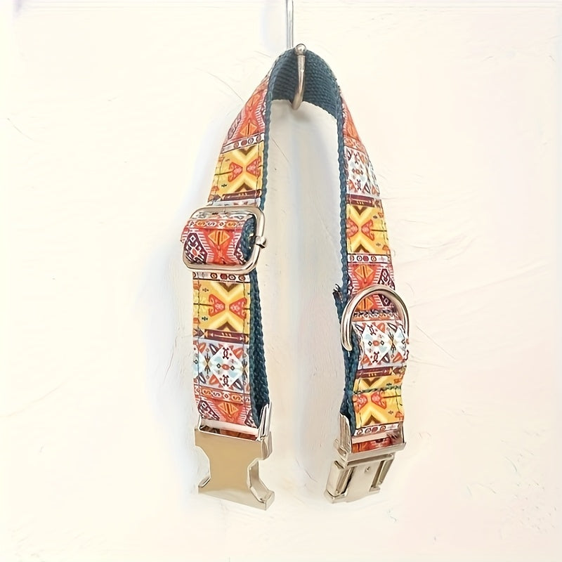 Customizable Dog Collar - Thickened Comfort, Durable Polyester, Vibrant Geometric Patterns, Personalized Text Engraving