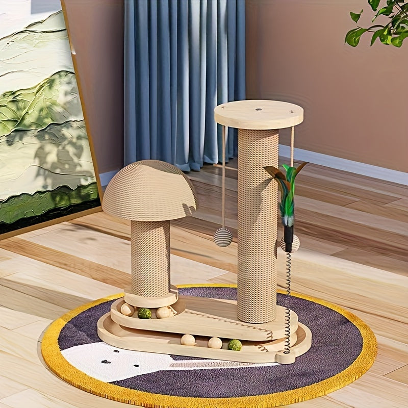 Solid Wood Cat Rotating Scratching Post Teaser Stick Durable Cat Toy Sword Grass Climbing Frame