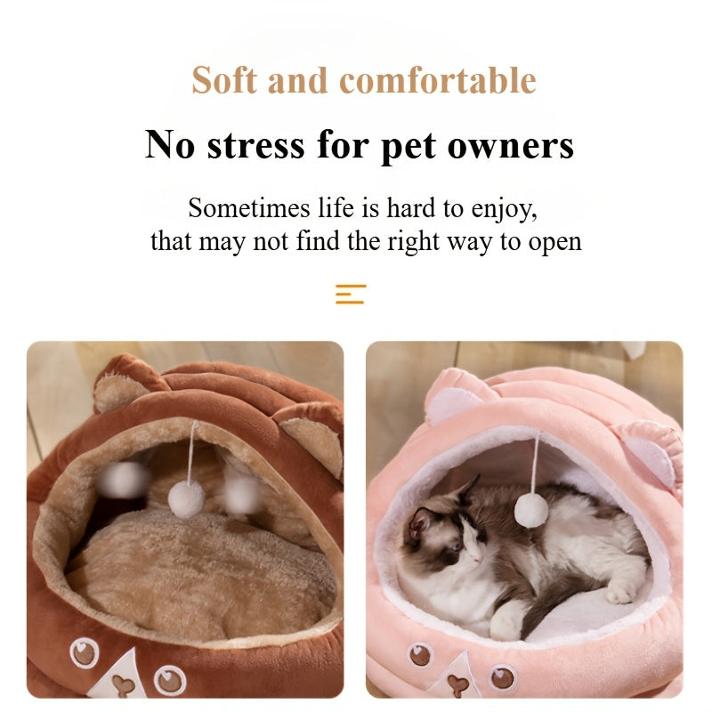 Cozy Mongolian Yurt-Style Cat House - All-Season Warmth, Cute Cartoon Design, Semi-Enclosed Pet Bed for Cats & Small Dogs