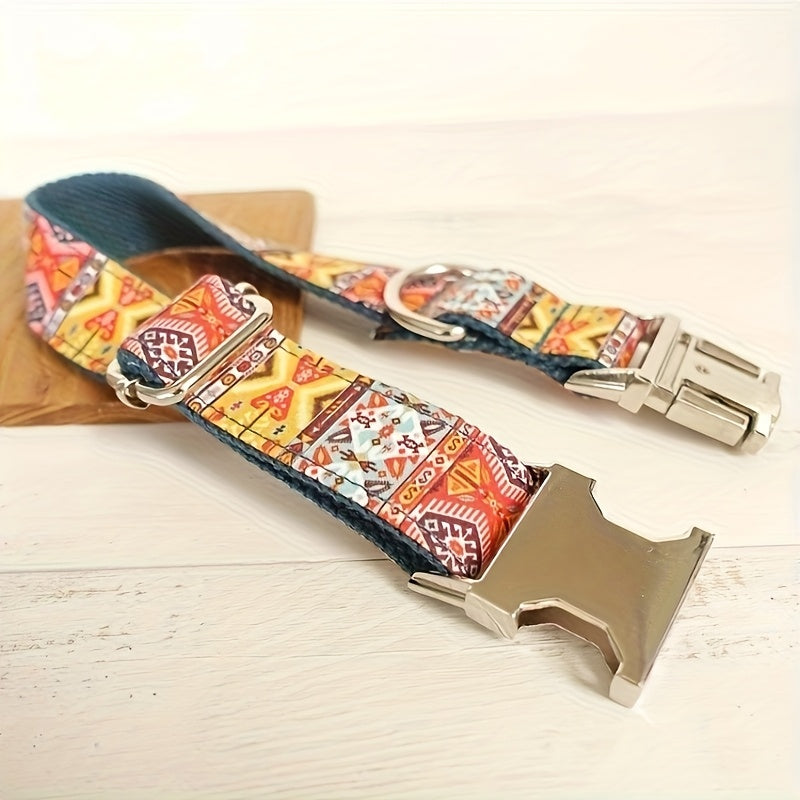 Customizable Dog Collar - Thickened Comfort, Durable Polyester, Vibrant Geometric Patterns, Personalized Text Engraving