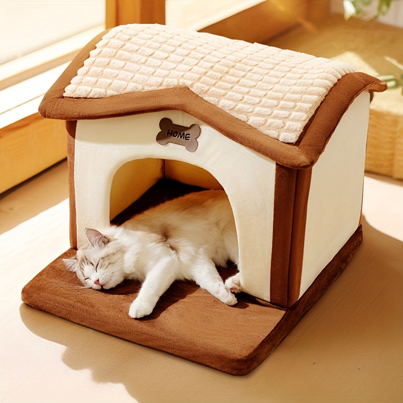 Cozy Cat House in White & Brown - All-Season PP Pet Cabin with Tile Roof, Non-Electric