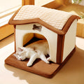 Cozy Cat House in White & Brown - All-Season PP Pet Cabin with Tile Roof, Non-Electric